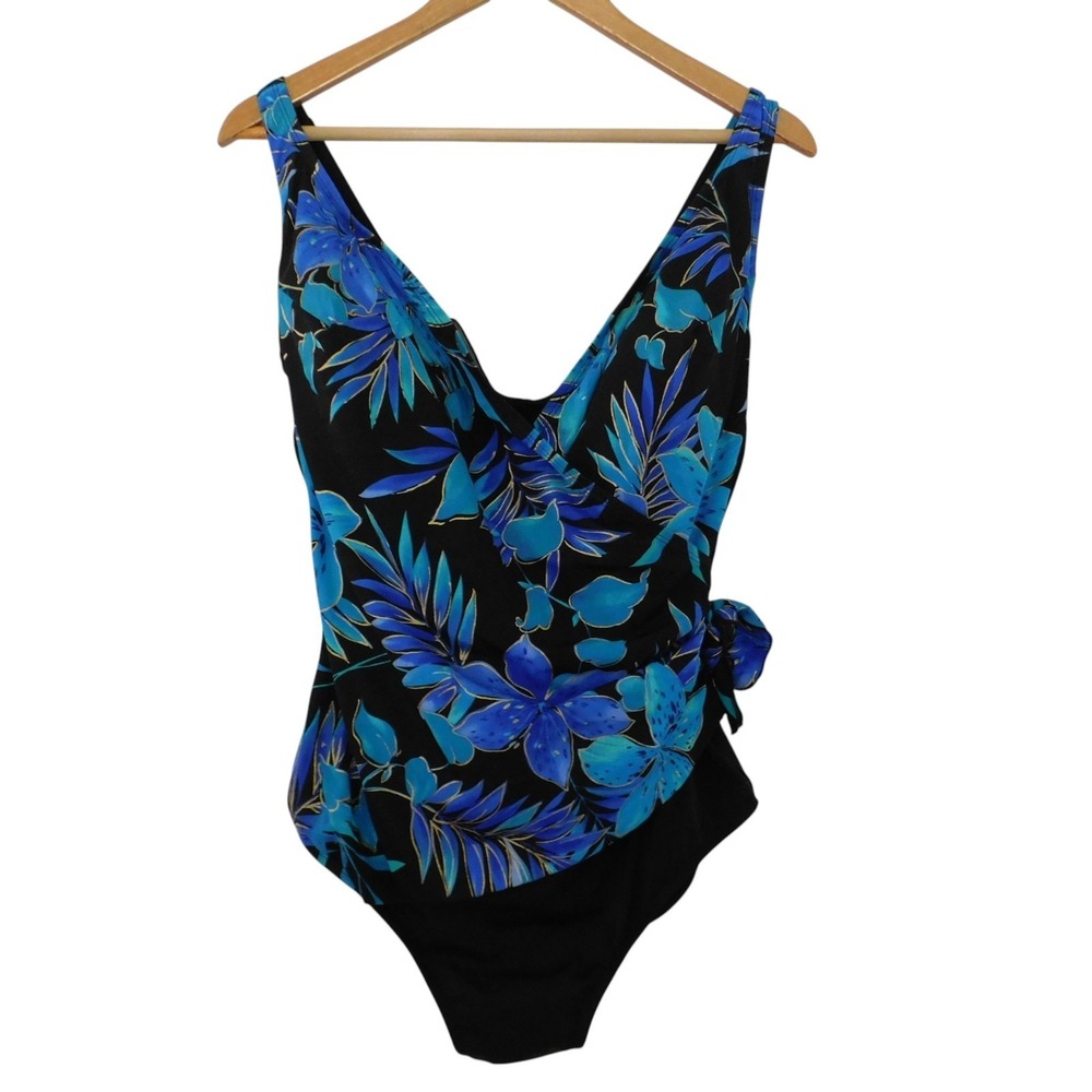 Longitude Womens One Piece Swimsuit Tropical Slimming Faux Wrap Size 20W Floral
